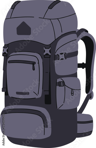 Large hiking backpack vector illustration with multiple compartments and straps for outdoor travel, trekking, and camping adventures