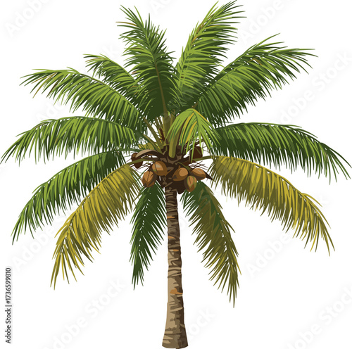 Tropical coconut palm tree illustration with green leaves, exotic beach plant nature design for vacation and summer concept