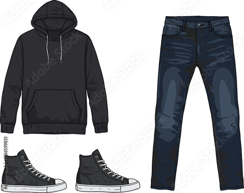 Trendy men’s casual outfit vector illustration featuring hoodie, jeans, and sneakers perfect for modern streetwear fashion style