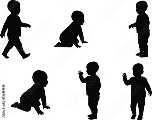 Baby silhouette vector illustration of toddlers crawling, walking, and standing poses for childcare, parenting, education, and design