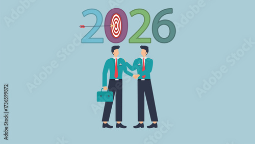 Businessmen shaking hands to achieve the 2026 goal, symbolizing collaboration and success in the future