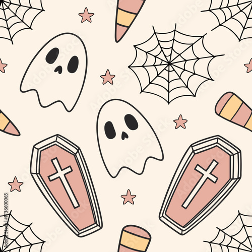 Cute halloween pattern vector spooky background with ghosts and coffins