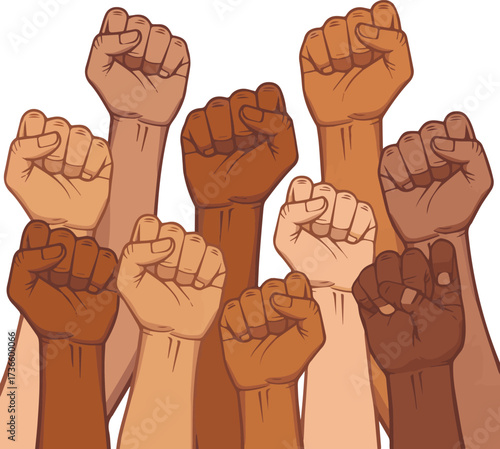Diverse group of clenched fists raised in unity and solidarity with varied skin tones raised fist