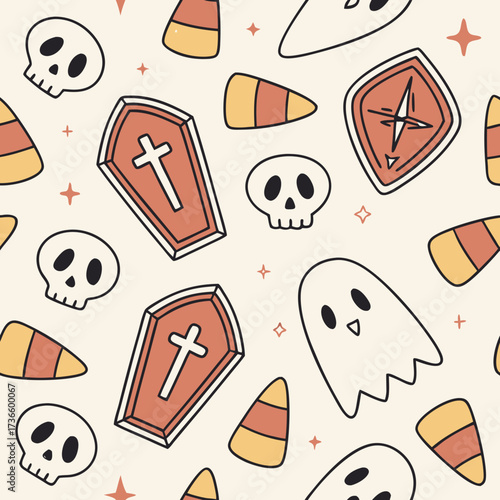 Seamless halloween pattern with candy corn skulls ghosts and coffins design