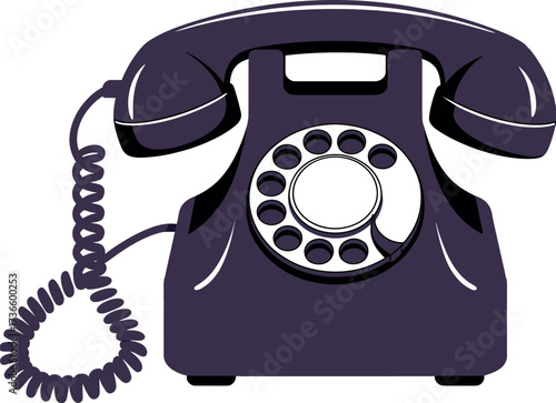 Illustration of a dark purple rotary phone with a coiled cord on a white background