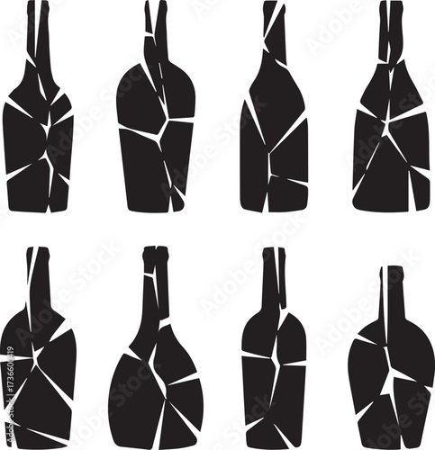 Eight black silhouettes of broken bottles with white fragments on a white background shattered cracked