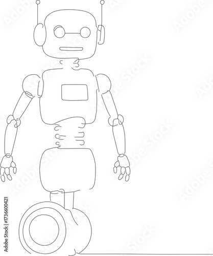 Outline Handdrawn Robot Character with One Wheel Futuristic Technology Illustration