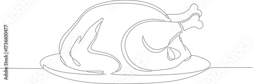 Continuous Line Drawing of Roasted Thanksgiving Turkey on a Plate Meal