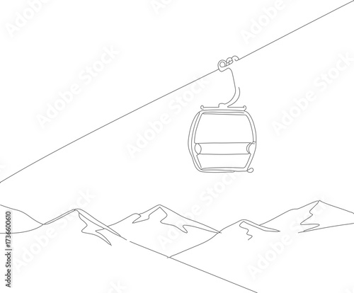 Minimalist Line Art Gondola Lift with Mountain Landscape Illustration