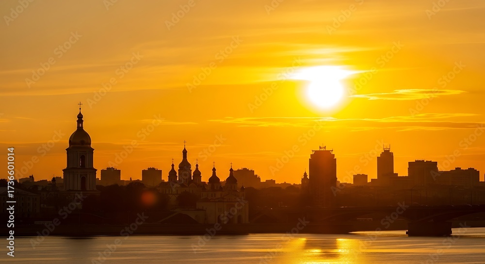 Obraz premium Golden sunset over a city skyline with architectural silhouettes reflecting on water.