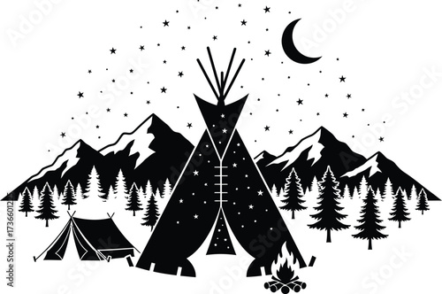 Black and white silhouette of a starry night camping scene with mountains a teepee tent and campfire