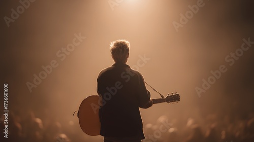 Musician strumming acoustic guitar on stage under warm spotlight, dark blurred crowd in background