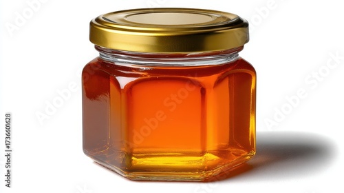 A small hexagonal glass jar filled with golden honey