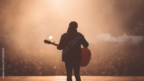 Musician strumming acoustic guitar on stage under warm spotlight, dark blurred crowd in background