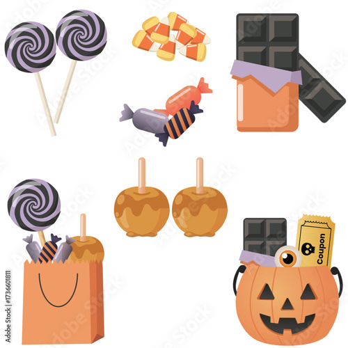 Halloween Trick or Treat Vector Set with Candy Bag, Pumpkin Bucket, Lollipops, Chocolate Bars, Candy Corn, and Caramel Apples
