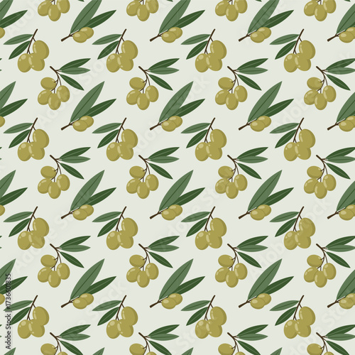 Seamless pattern green olive branches on light green background vector illustration. Print, perfect for branding, packaging, and business products. Concept of nature, healthy food, farm vegetables