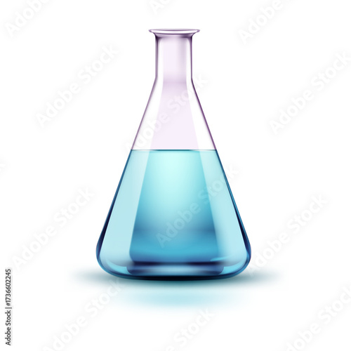 Minimal science concept, glass beaker flask with blue fluid