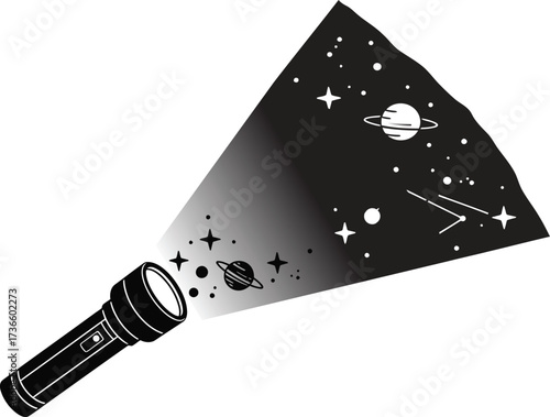 Flashlight beam illuminates a cosmic scene with planets stars and galaxies in a creative illustration
