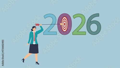 Businesswoman hitting 2026 target with arrow, symbolizing success and achievement in the coming year