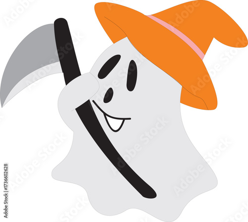 Cute Halloween Ghost with Scythe and Witch Hat