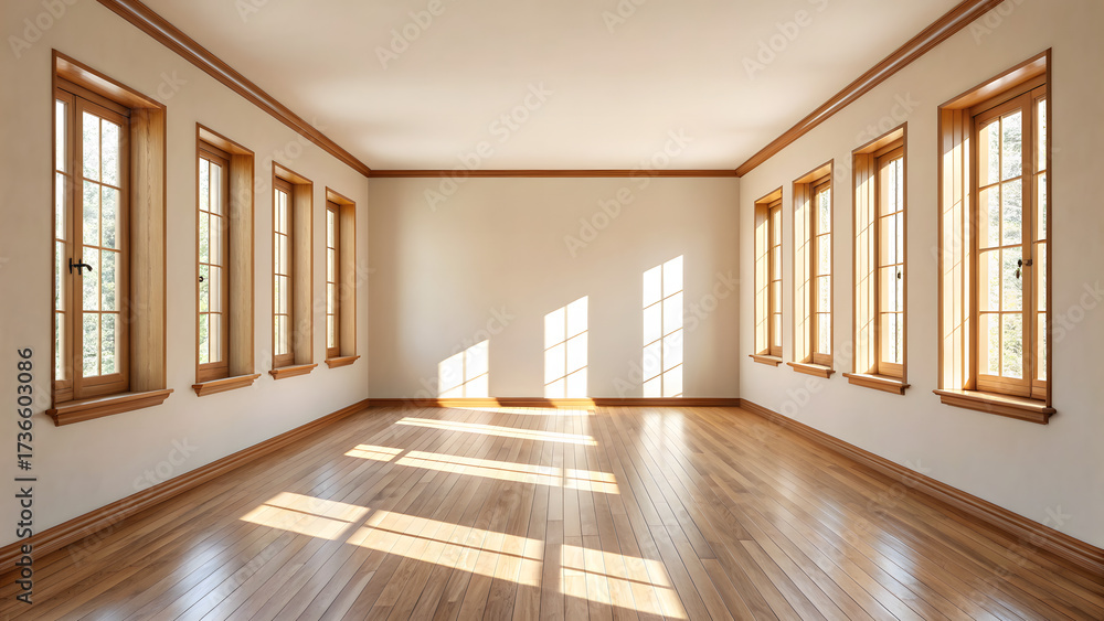 Obraz premium Sunlit empty room with wooden floors and large windows bathed in natural light