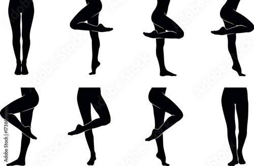 Ballet dancer leg silhouettes in classical dance positions, elegant black vector poses for choreography, anatomy, movement, and performance illustrations.