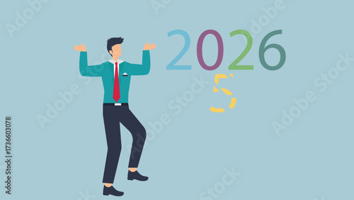 Businessman changing 2025 to 2026, symbolizing growth and success in the coming year, with a light blue background