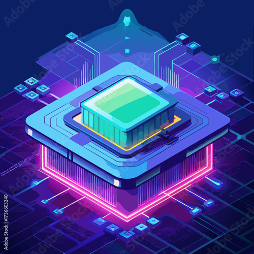 Glowing Central Processor Unit With Neon Circuitry Keywords: processor, cpu, microchip