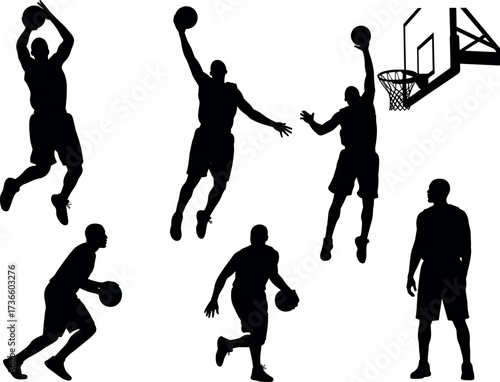 Basketball player silhouettes in dynamic action poses including dunk, dribble, jump, shoot, isolated on white background for sports design