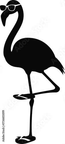 Stylish black silhouette of a flamingo wearing sunglasses and flip flops standing on one leg