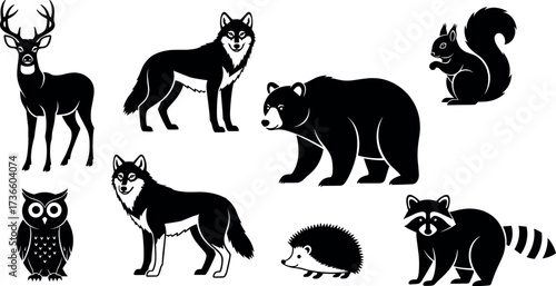 Black and white woodland animal silhouettes including deer, bear, wolf, owl, squirrel, raccoon, hedgehog for forest wildlife vector design
