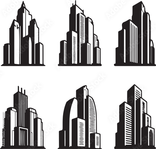 Six black and white graphic illustrations of stylized city skyscrapers and buildings architecture urban