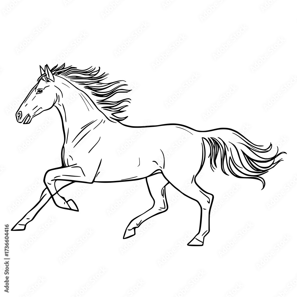 Obraz premium Capture the spirit of freedom and elegance with this sleek black-and-white horse illustration. Perfect for branding, apparel, or editorial layouts.