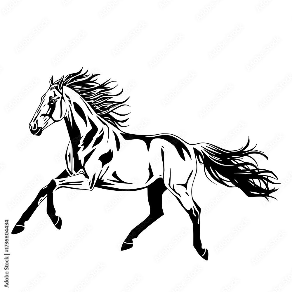 Obraz premium Capture the spirit of freedom and elegance with this sleek black-and-white horse illustration. Perfect for branding, apparel, or editorial layouts.