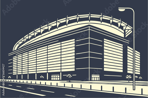 MetLife Stadium in East Rutherford, New Jersey, massive oval venue with glowing LED panels at night