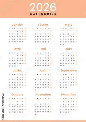 French Calendar 2026 Minimalist Template, Modern Wall Planner Vector