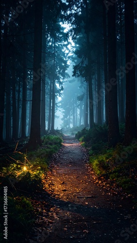 Misty forest path at twilight
