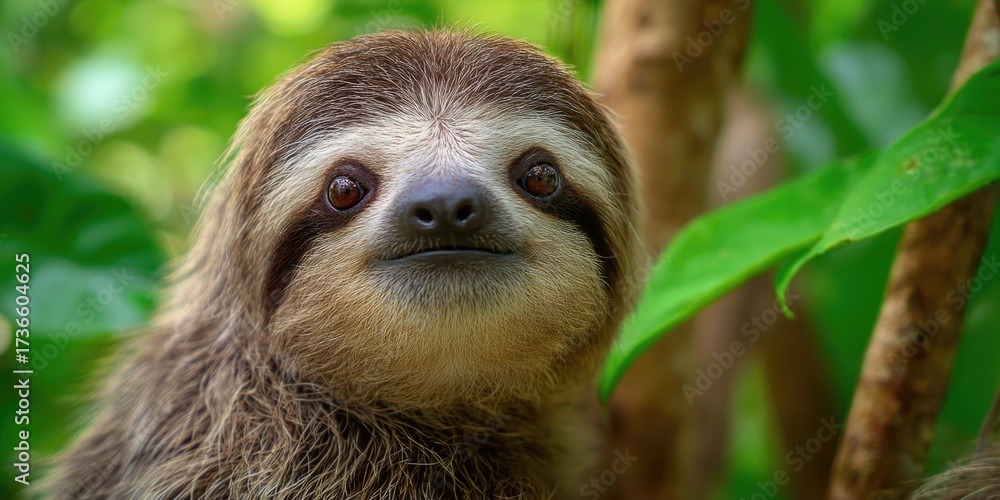 Fototapeta premium Slow-moving sloth in lush green forest