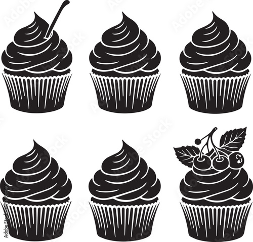 Six black and white silhouette cupcakes with frosting and toppings vector