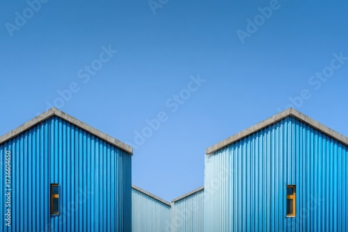 Wallpaper Mural Modern architectural design featuring blue vertical corrugated buildings under a clear blue sky in an urban setting showcasing a harmonious blend of colors and lines Torontodigital.ca