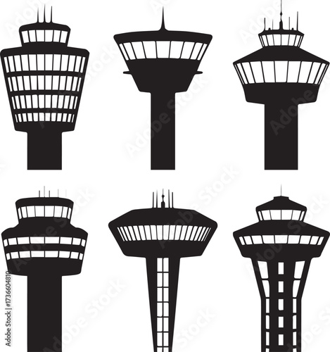 Six black silhouette airport control towers of varying designs on white background air traffic control