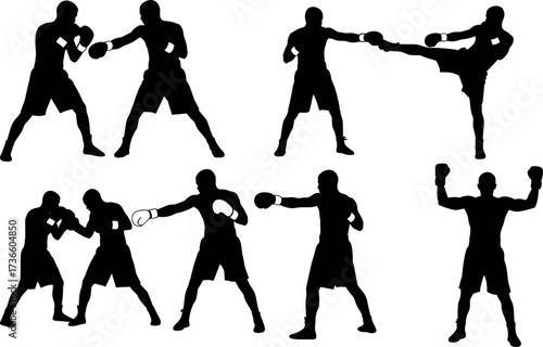 Boxing silhouette vector set featuring fighters in action poses, punches, kicks, training stances, and victory celebration for combat sports