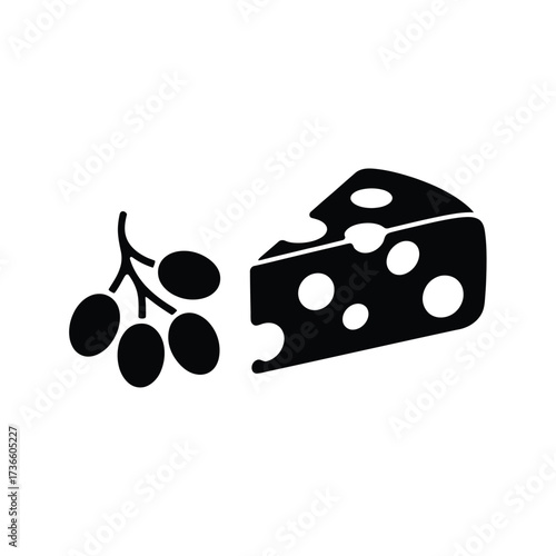 Black and white silhouette of cheese and grapes on a white background