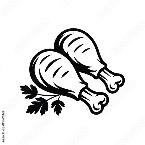 Two stylized chicken drumsticks with parsley garnish in black and white