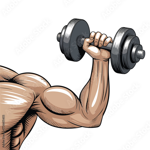 Muscular arm lifting a heavy dumbbell in a workout