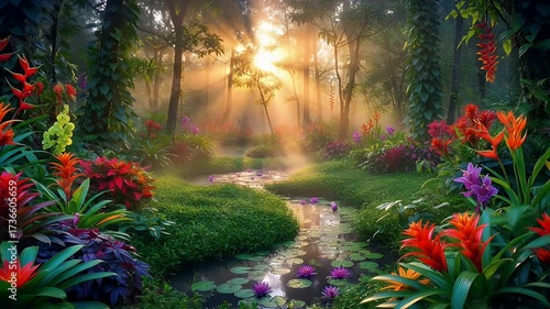 Lush Tropical Paradise: Radiant Sunrise in a Floral Eden