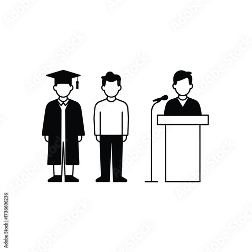 Graduation ceremony speaker and students icon set