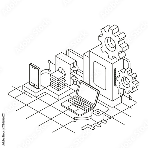Isometric illustration of interconnected technology devices and gears