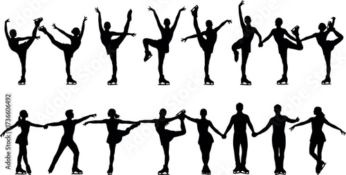 Figure skating silhouettes of solo and pair athletes performing spins, spirals, lifts, and elegant poses on ice in dynamic motion