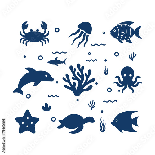 Set of underwater marine animals and coral reef.